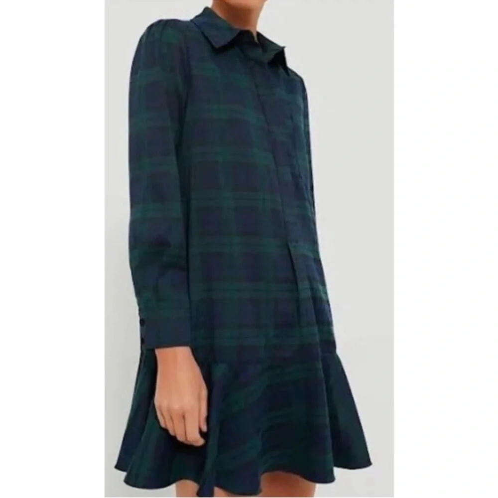 Tuckernuck Green and Blue Plaid Ruffle-Front Long-Sleeve Dress - Picture 2 of 10